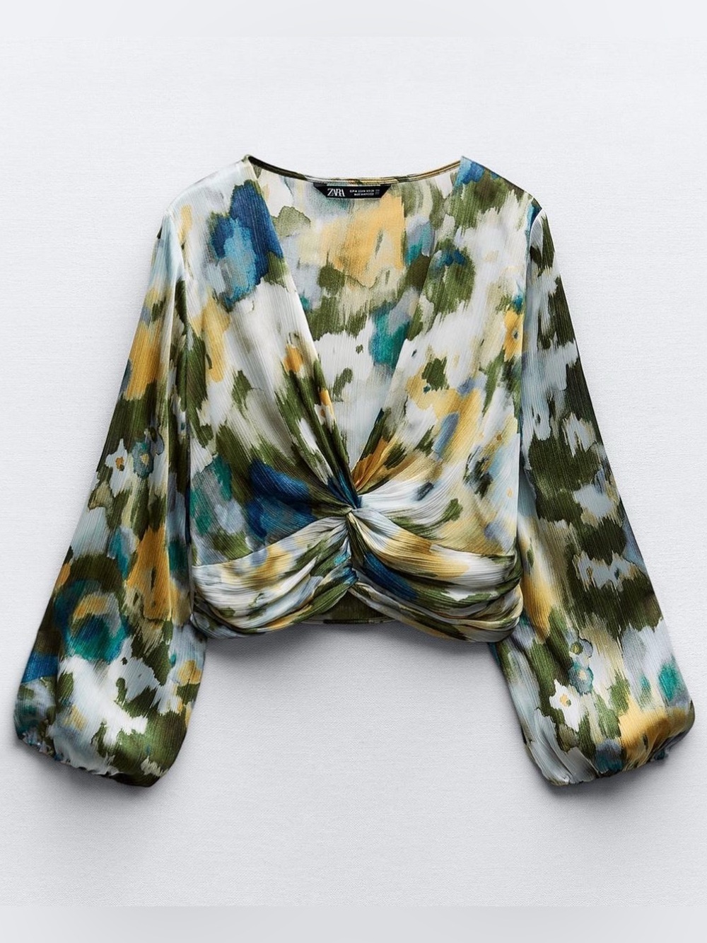 Zara Floral Twist-Front Long Sleeve Top in Green, Blue, Yellow